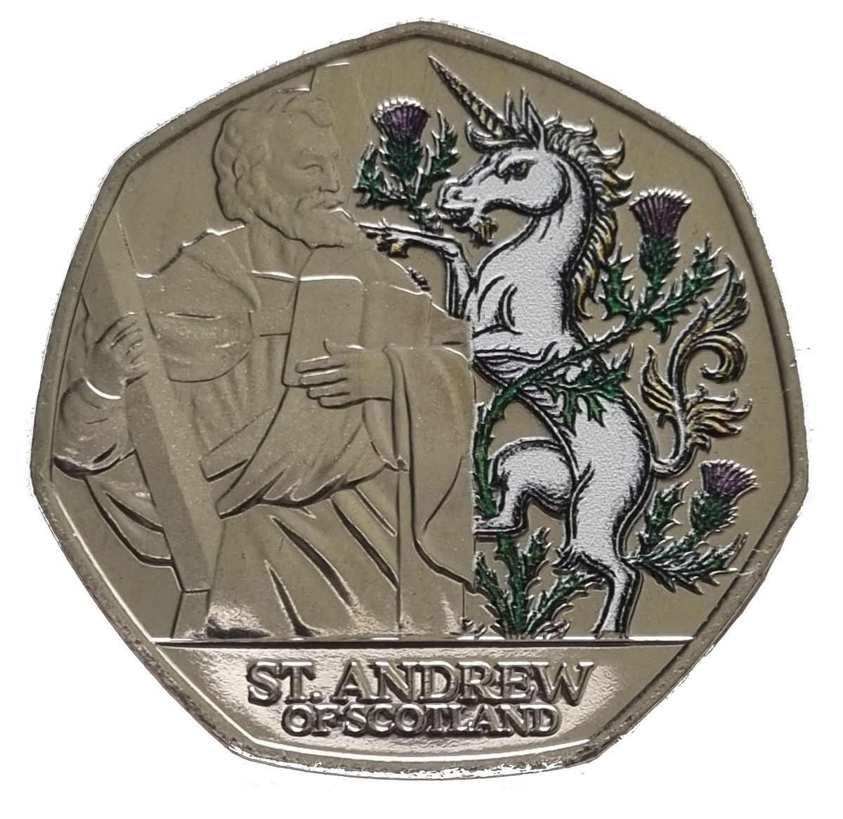 Jersey 50 Pence - Charles III Saint Andrew; Coloured reverse