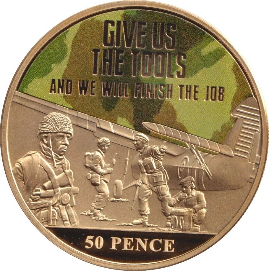 Guernsey 50 Pence - Elizabeth II Military Glider and Paratroops