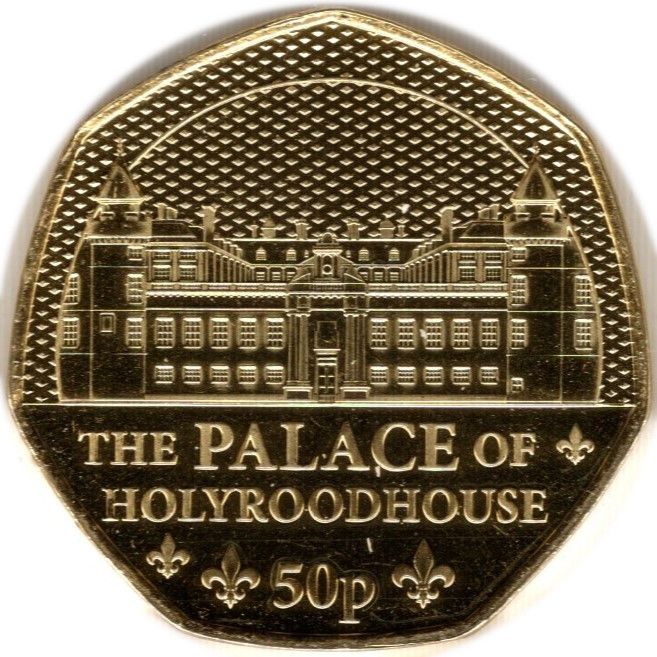 Jersey 50 Pence - Charles III Royal Residence - The Palace of Holyroodhouse; Gold Plated reverse