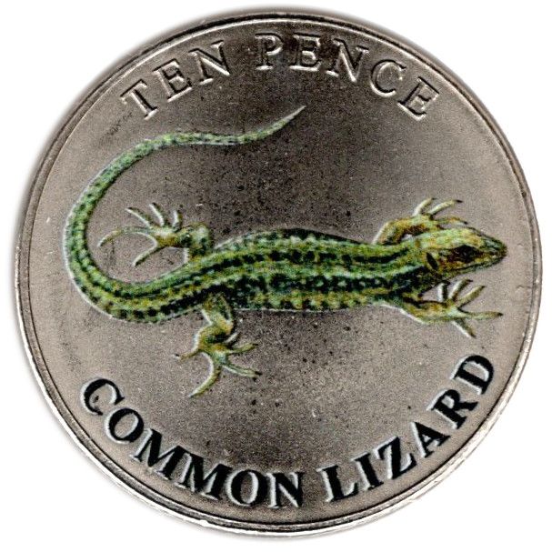 Guernsey 10 Pence - Charles III Common Lizard; Colourised reverse
