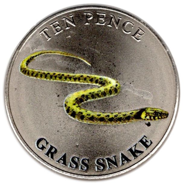 Guernsey 10 Pence - Charles III Grass Snake; Colourised reverse