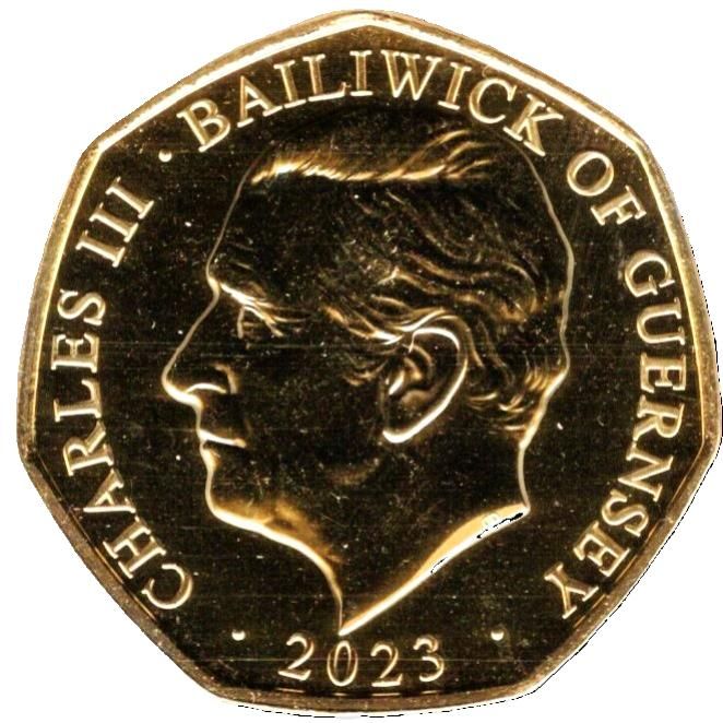Guernsey 50 Pence - Charles III Coronation Regalia - The Sword of Offering; Gold Plated obverse