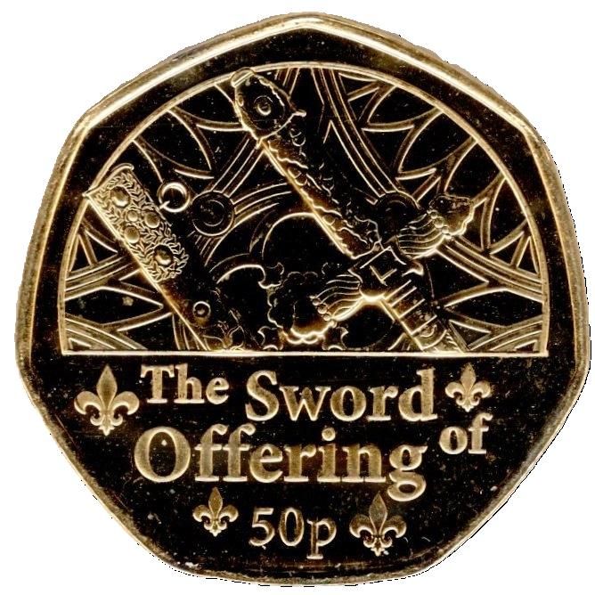 Guernsey 50 Pence - Charles III Coronation Regalia - The Sword of Offering; Gold Plated reverse
