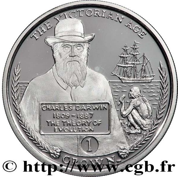 Gibraltar 1 Crown - Elizabeth II Charles Darwin; Silver Proof reverse