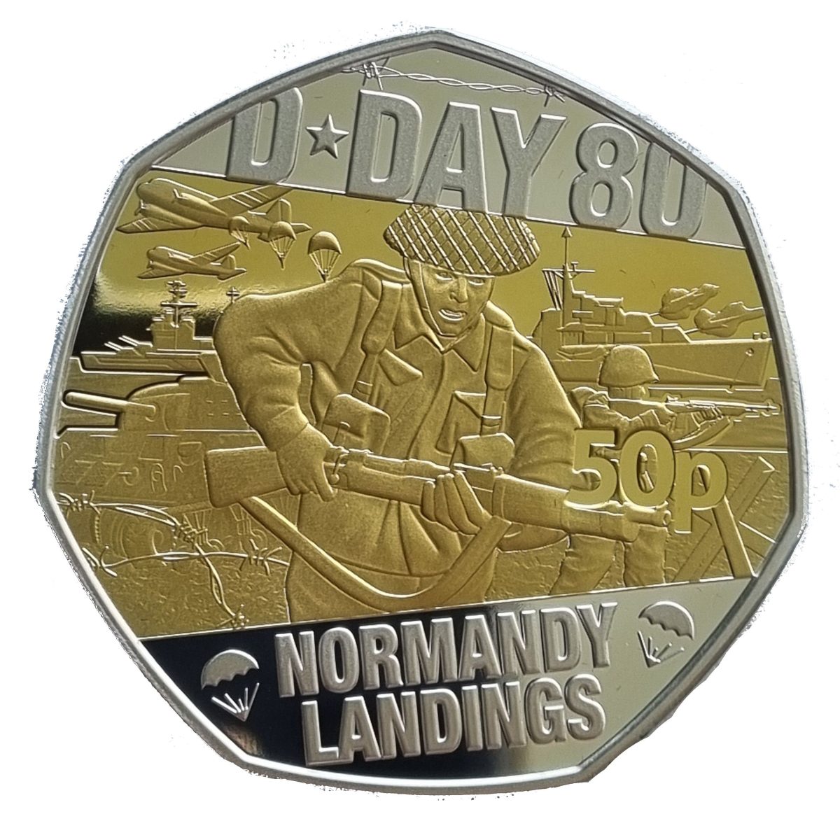Isle of Man 50 Pence - Charles III D-Day Normandy Landings; Silver 5oz. reverse