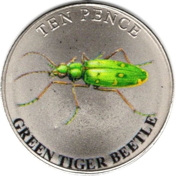 Guernsey 10 Pence - Charles III Green Tiger Beetle; Colourised reverse