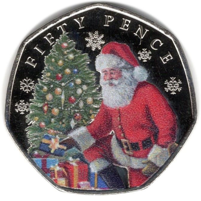 Jersey 50 Pence - Charles III Father Christmas and Christmas tree; Colourised reverse