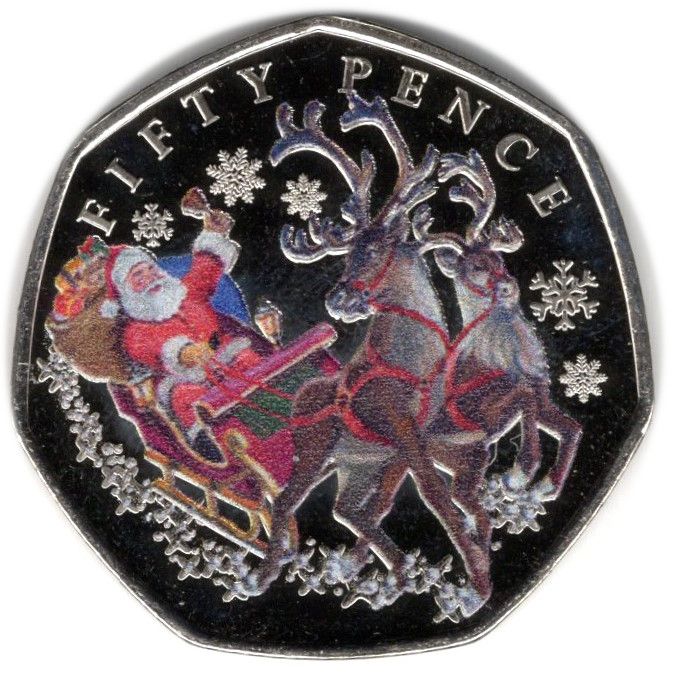 Jersey 50 Pence - Charles III Father Christmas in sleigh; Colourised reverse