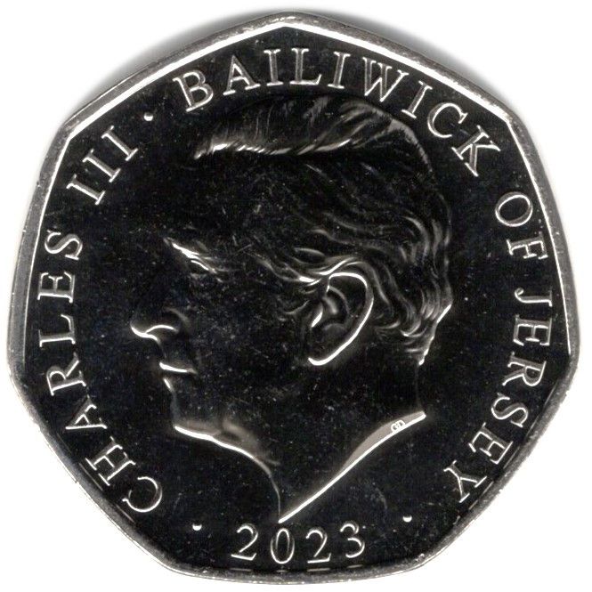 Jersey 50 Pence - Charles III Father Christmas with toys; Colourised obverse