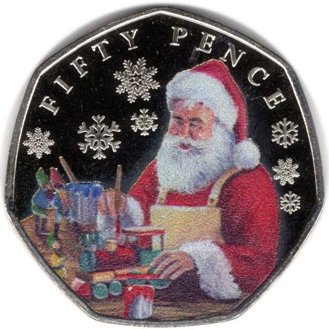 Jersey 50 Pence - Charles III Father Christmas with toys; Colourised reverse