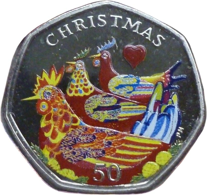 Isle of Man 50 Pence - Elizabeth II Christmas 2007; Colourised obverse