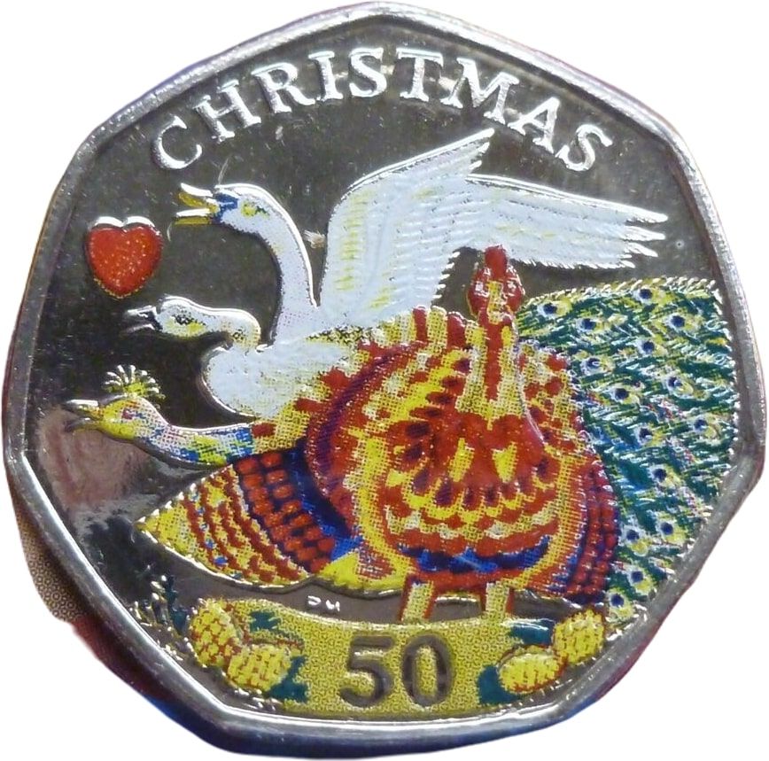 Isle of Man 50 Pence - Elizabeth II Christmas 2008; Colourised reverse