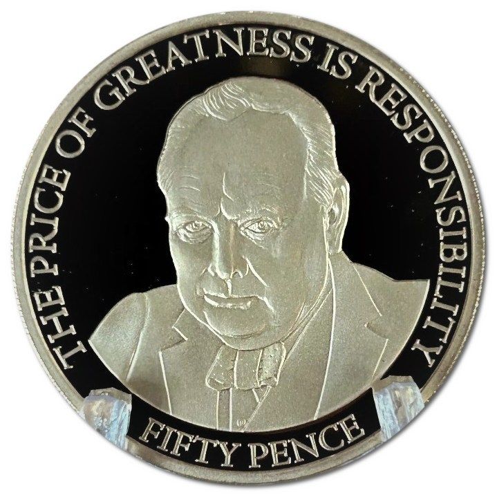 Guernsey 50 Pence - Elizabeth II Winston Churchill; Copper-Nickel Gold Plated reverse