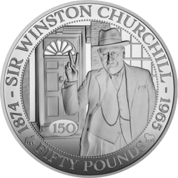 Guernsey 50 Pounds - Charles III Winston Churchill; Silver Proof reverse