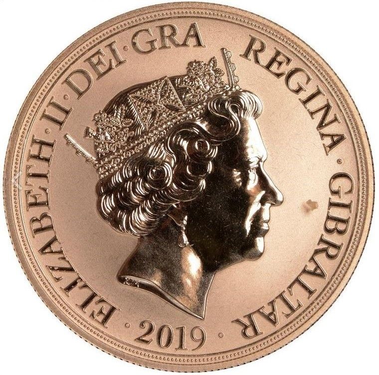 Gibraltar 5 Sovereigns - Elizabeth II Saint George and the Dragon obverse