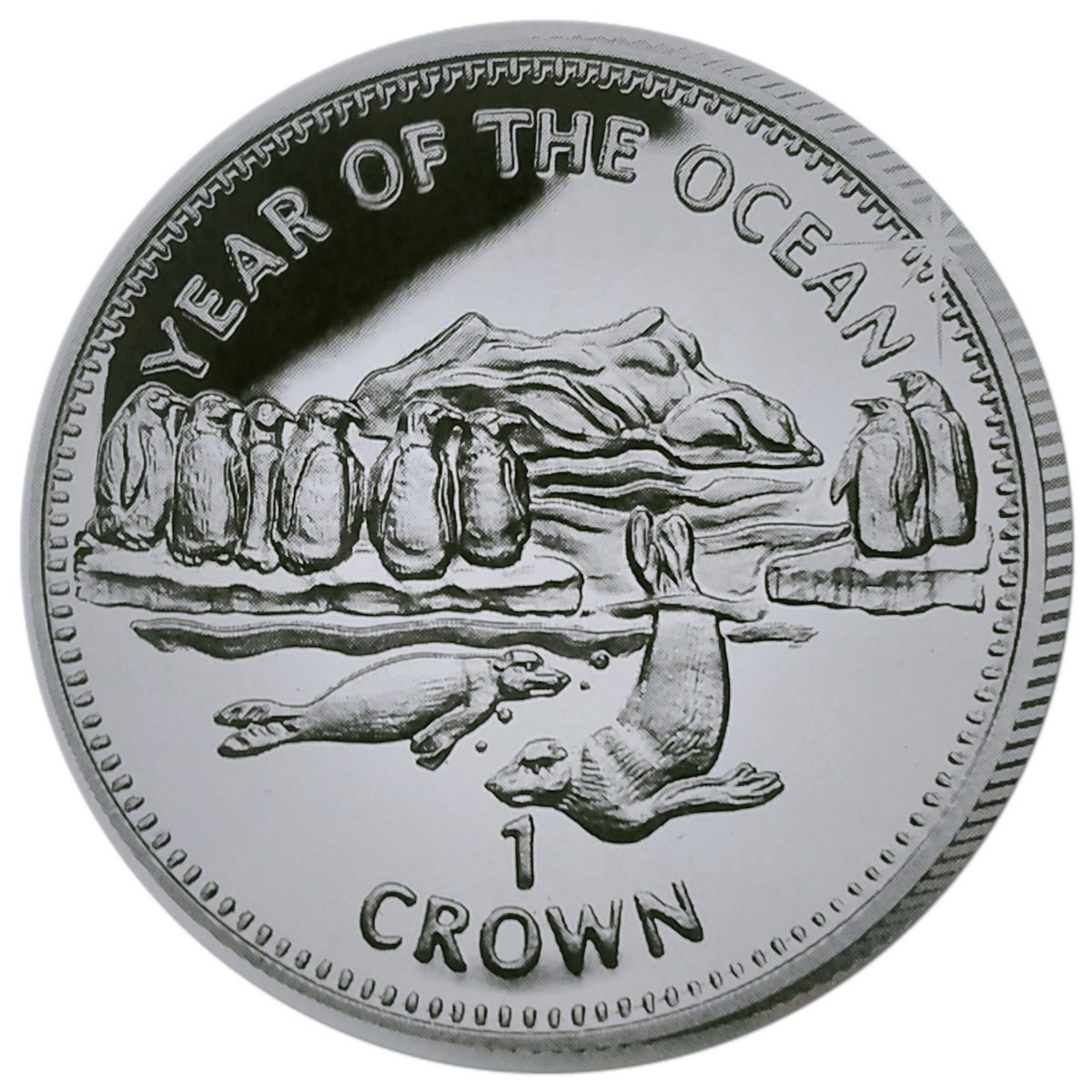 Isle of Man 1 Crown - Elizabeth II Year of the Ocean - Penguins and Seals; Silver Proof reverse