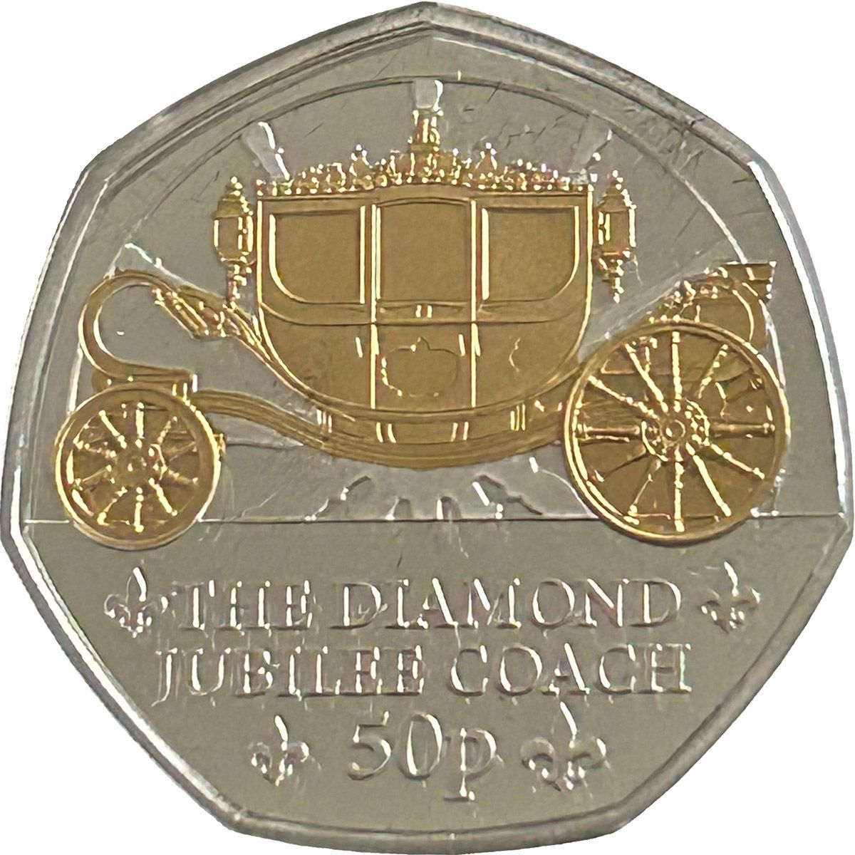Guernsey 50 Pence - Charles III Royal Mews - Diamond Jubilee Coach; Silver with gold plating reverse