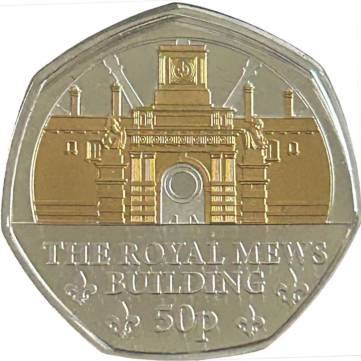 Guernsey 50 Pence - Charles III Royal Mews - Building; Silver with gold plating reverse
