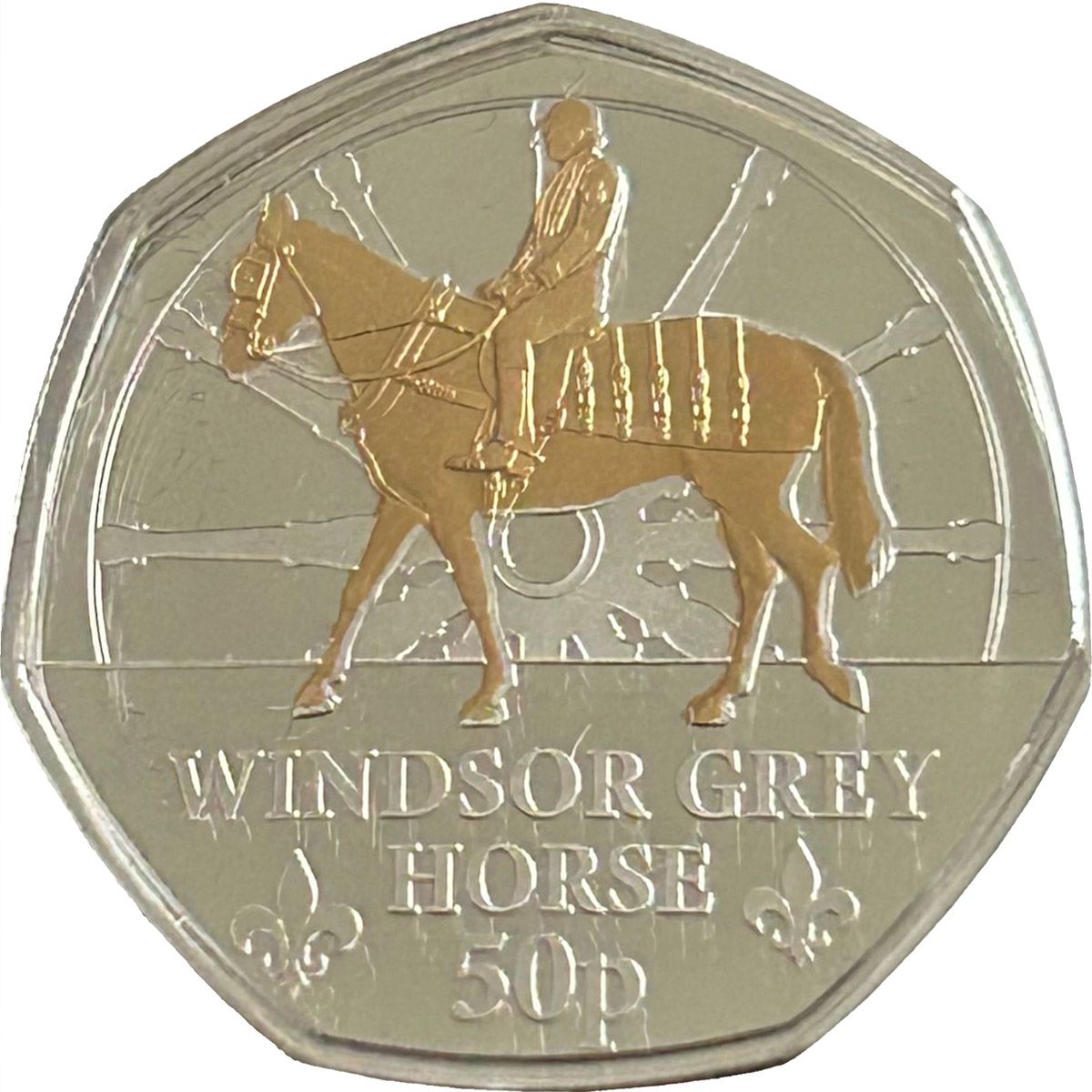 Guernsey 50 Pence - Charles III Royal Mews - Windsor Grey Horse; Silver with gold plating reverse