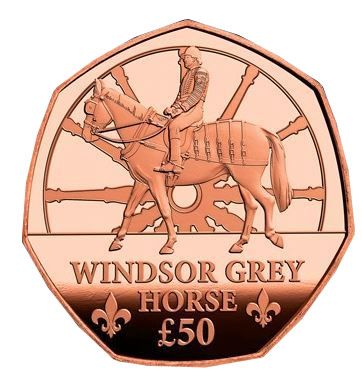 Guernsey 50 Pounds - Charles III Royal Mews - Windsor Grey Horse; Gold Proof