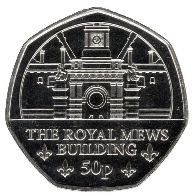 Guernsey 50 Pence - Charles III Royal Mews - Building reverse