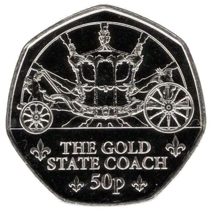 Guernsey 50 Pence - Charles III Royal Mews - Gold State Coach reverse