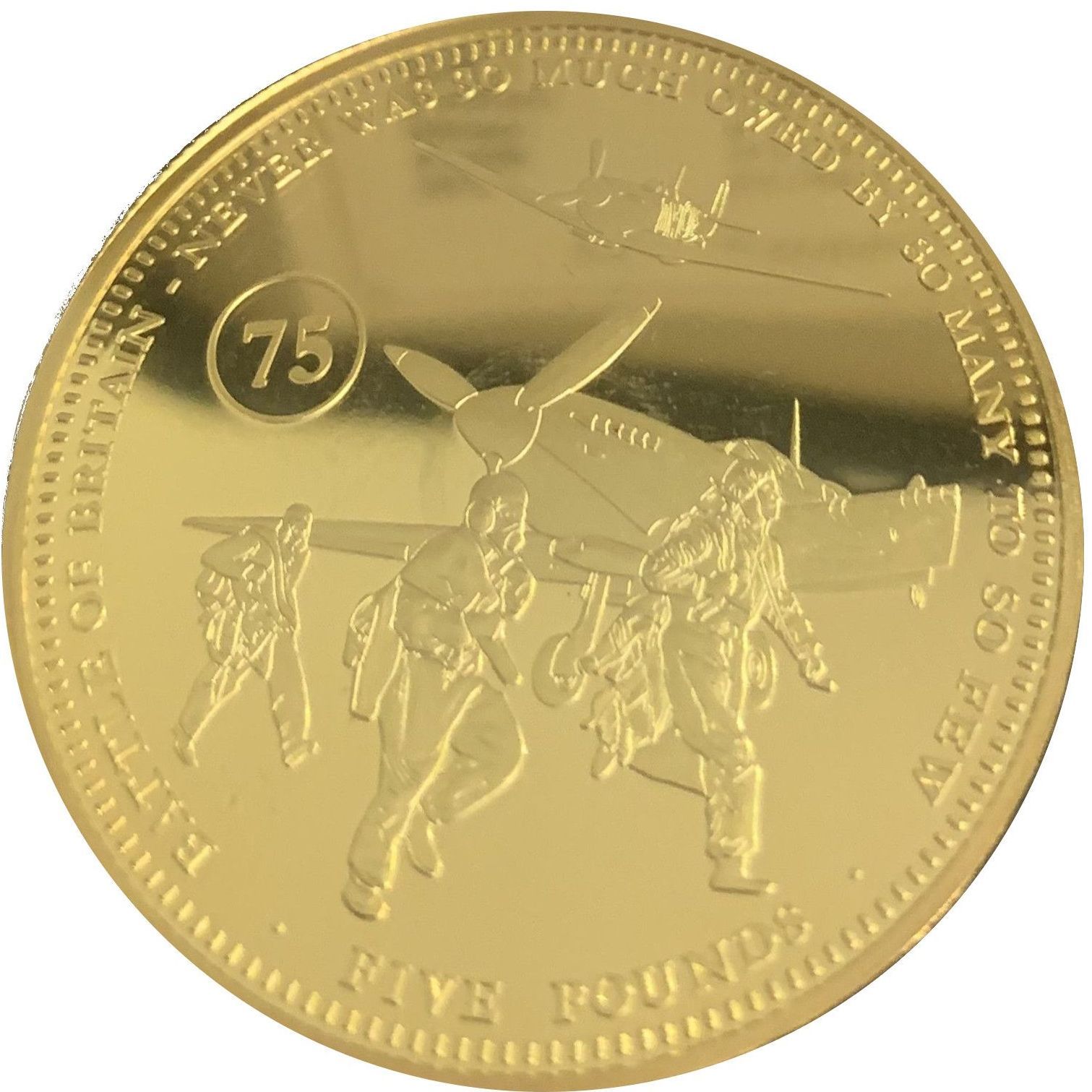 Tristan da Cunha 5 Pounds - Elizabeth II 75th Anniversary of Battle of Britain; Gold plated silver reverse