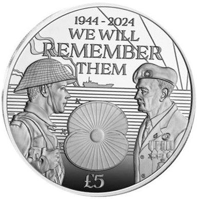 Jersey 5 Pounds - Charles III Royal British Legion - D-Day; Silver Piedfort