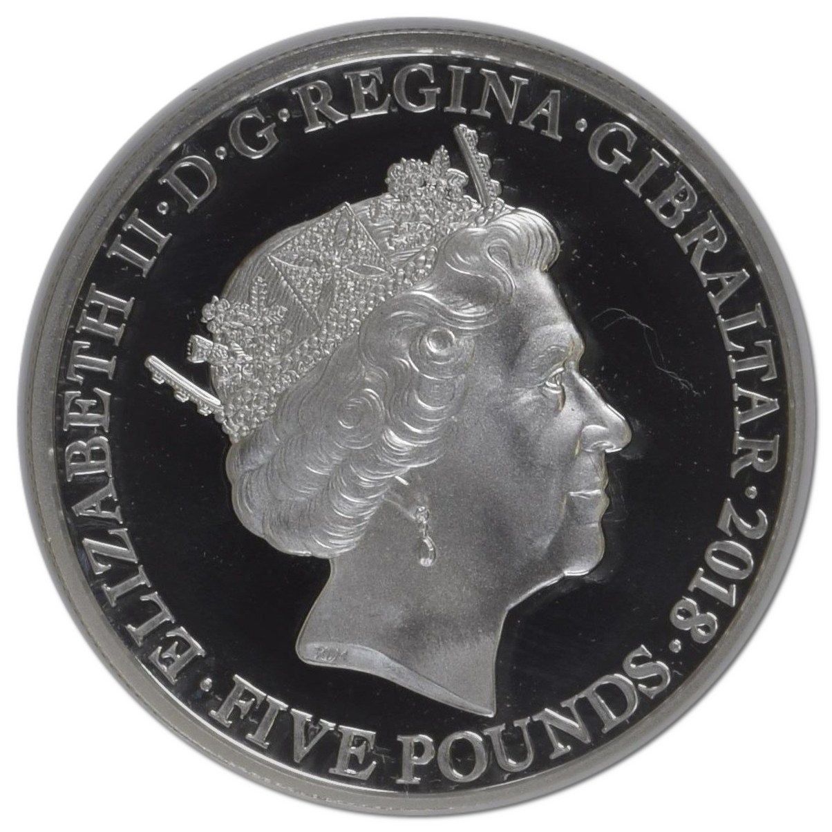 Gibraltar 5 Pounds - Elizabeth II The Legend of Saint George - The Town in Fear; Silver Piedfort obverse