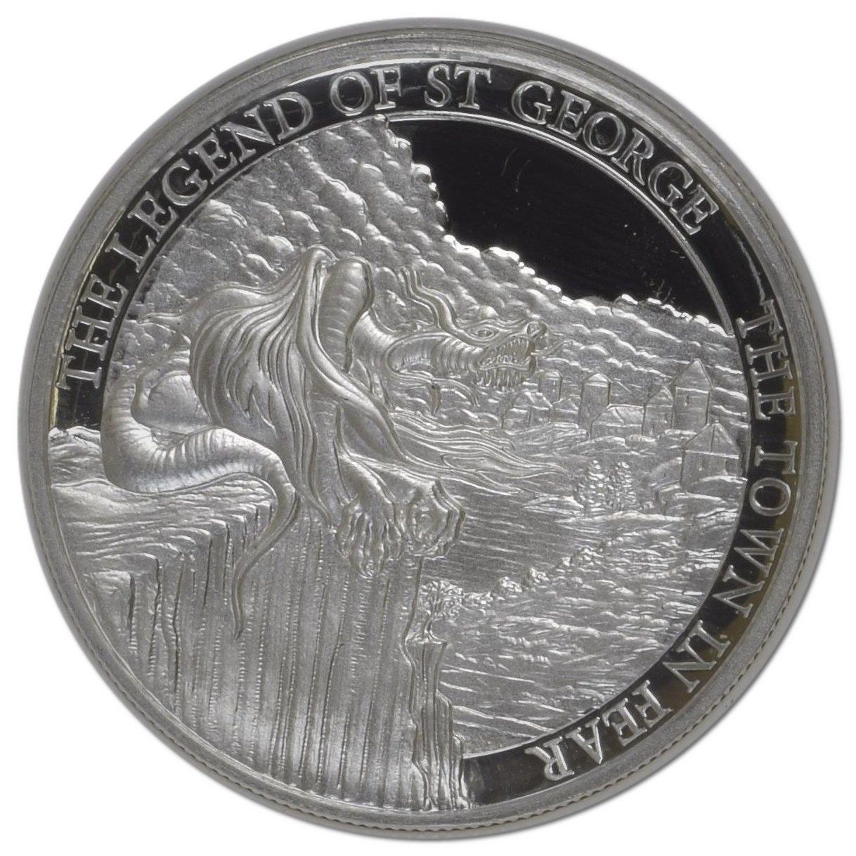 Gibraltar 5 Pounds - Elizabeth II The Legend of Saint George - The Town in Fear; Silver Piedfort reverse