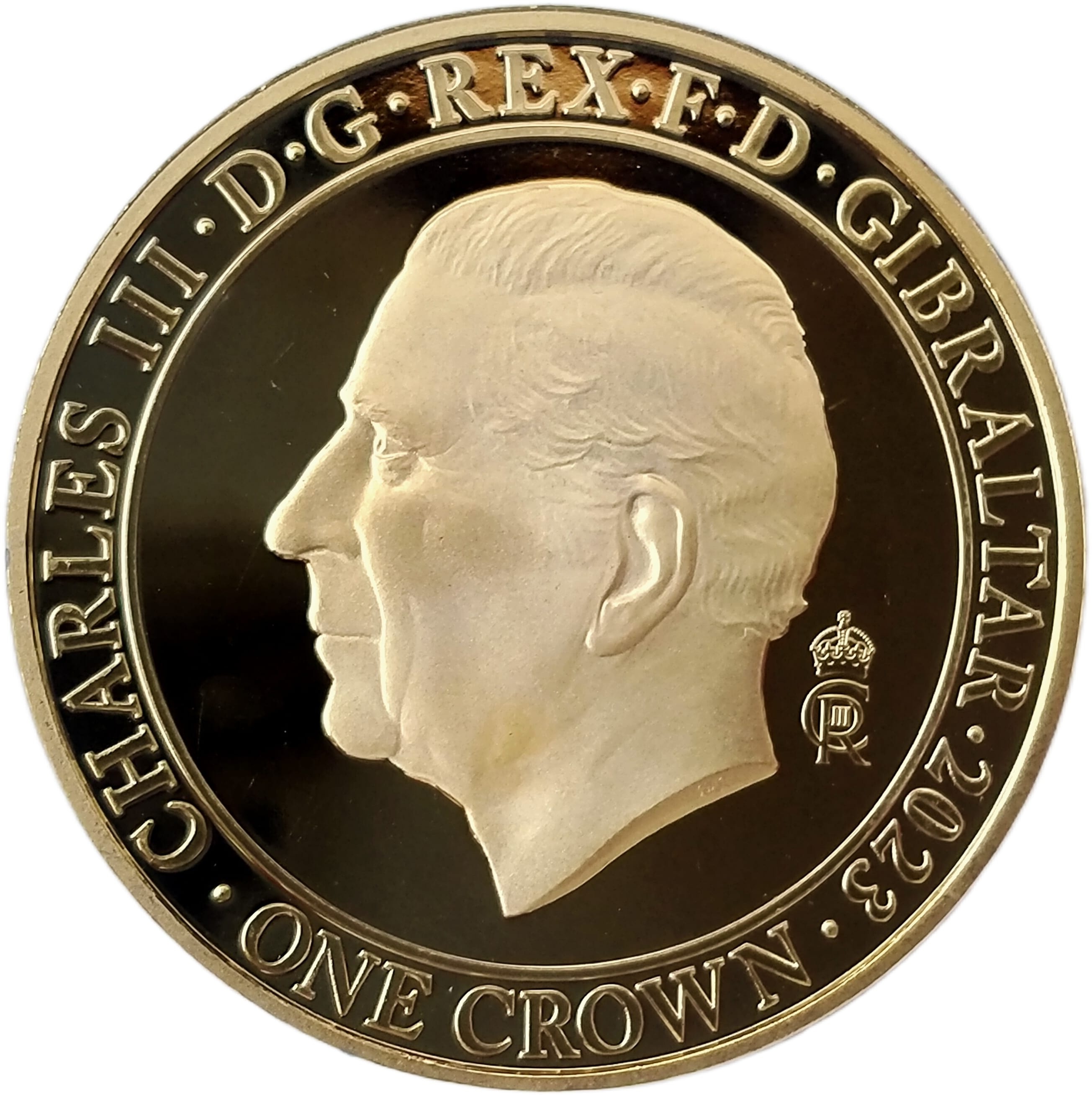 Gibraltar 1 Crown - Charles III Coronation - St. Edward's Crown; Gold plated obverse