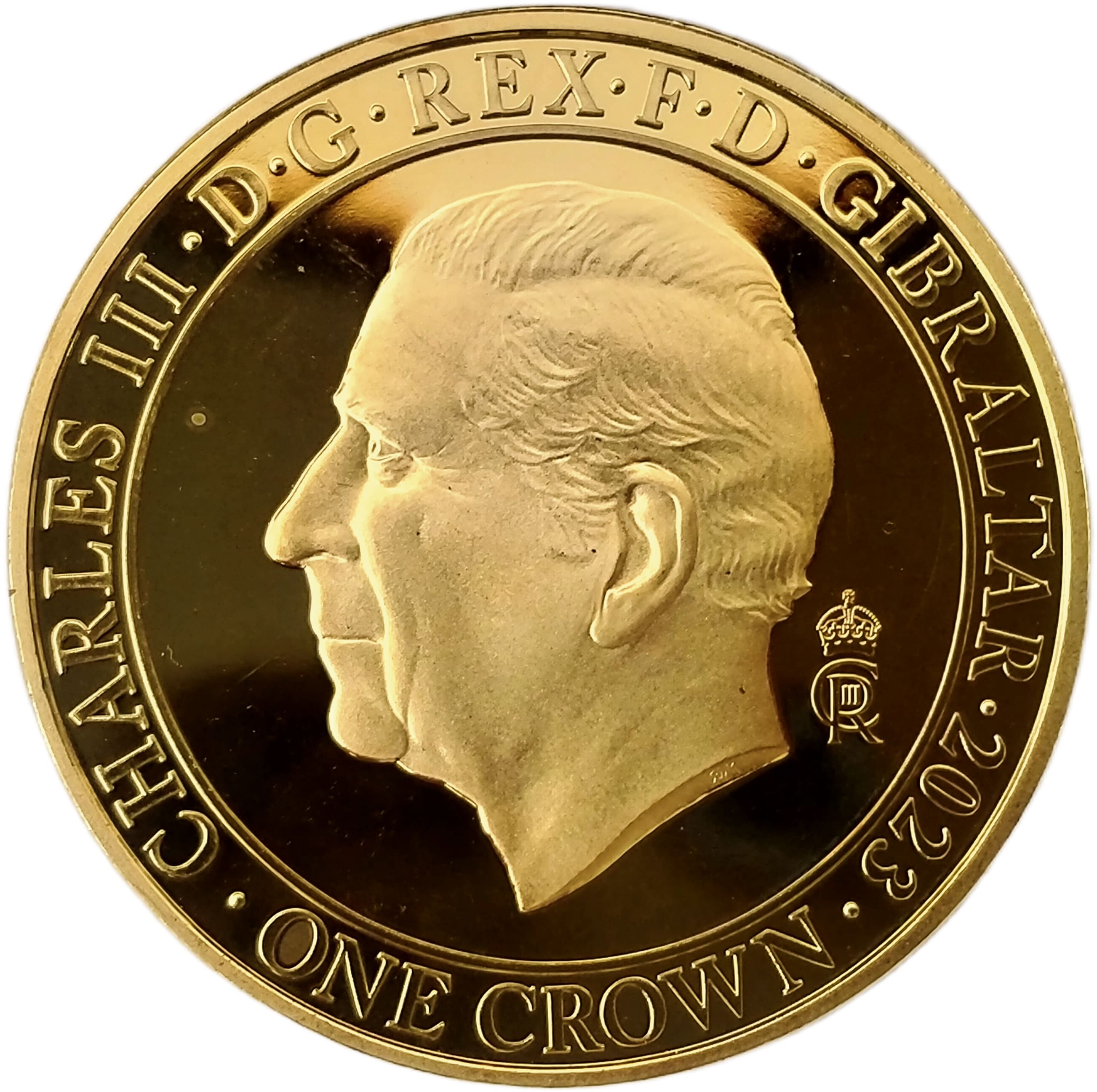 Gibraltar 1 Crown - Charles III Coronation - Sovereign's Sceptre; Gold plated obverse
