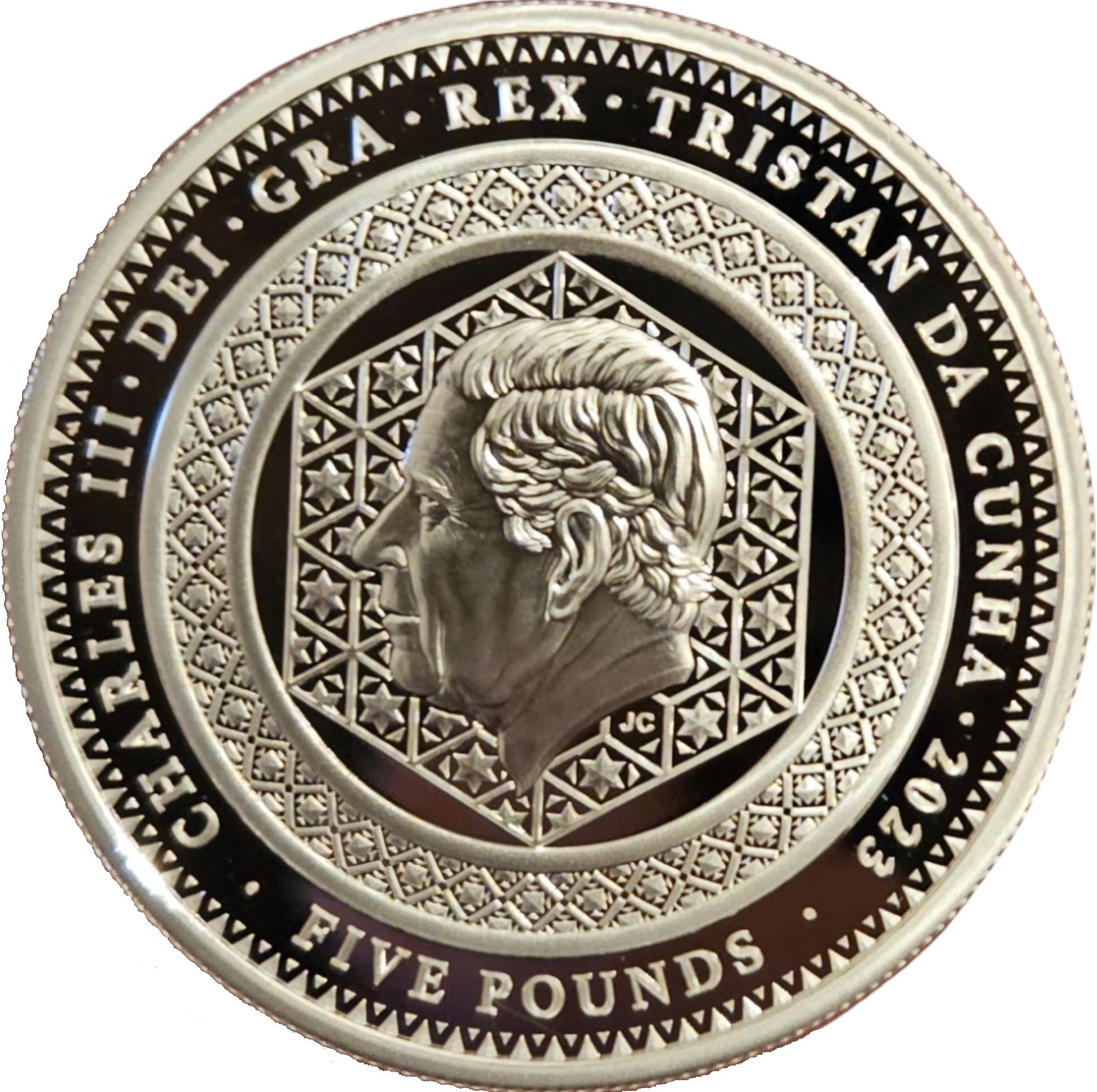 Tristan da Cunha 5 Pounds - Charles III Coronation; silver plated obverse