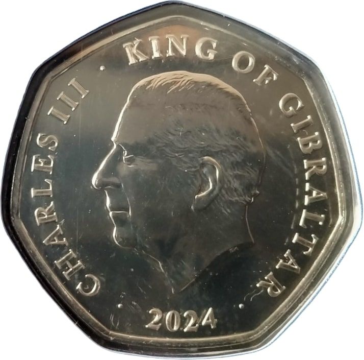 Gibraltar 50 Pence - Charles III Christmas; colourised obverse