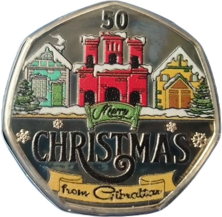 Gibraltar 50 Pence - Charles III Christmas; colourised reverse