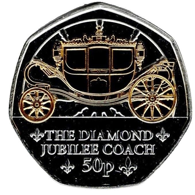 Guernsey 50 Pence - Charles III Royal Mews - Diamond Jubilee Coach; Silver/Gold Plated reverse