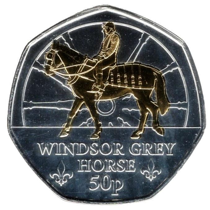 Guernsey 50 Pence - Charles III Royal Mews - Windsor Grey Horse; Silver/Gold Plated