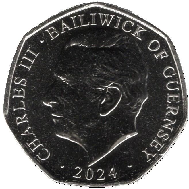 Guernsey 50 Pence - Charles III Katherine of Aragon obverse