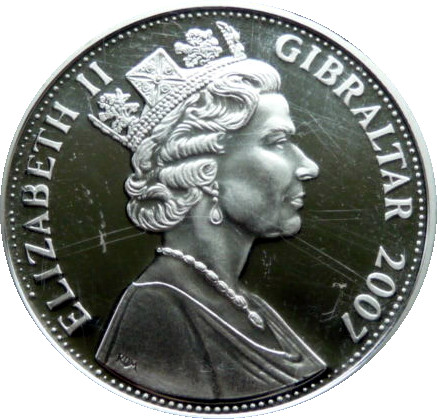 Gibraltar 5 Pounds - Elizabeth II History of the RAF - Avro Lancaster obverse