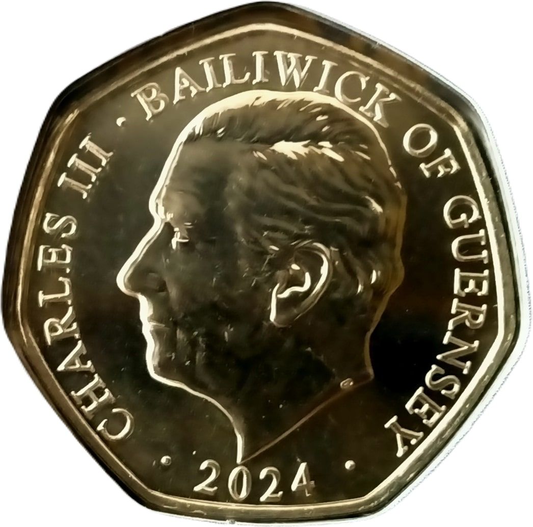 Guernsey 50 Pence - Charles III Christmas Snowmen - Girl and Dog obverse