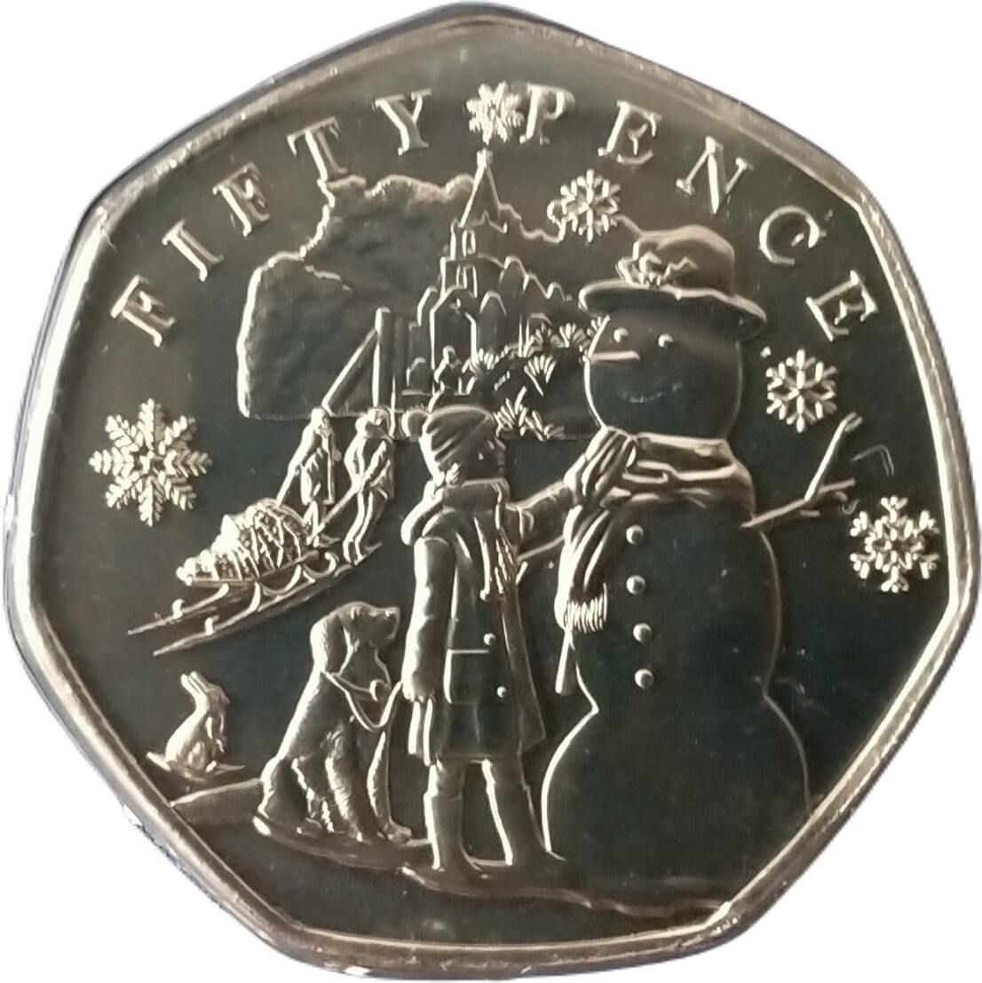 Guernsey 50 Pence - Charles III Christmas Snowmen - Girl and Dog reverse