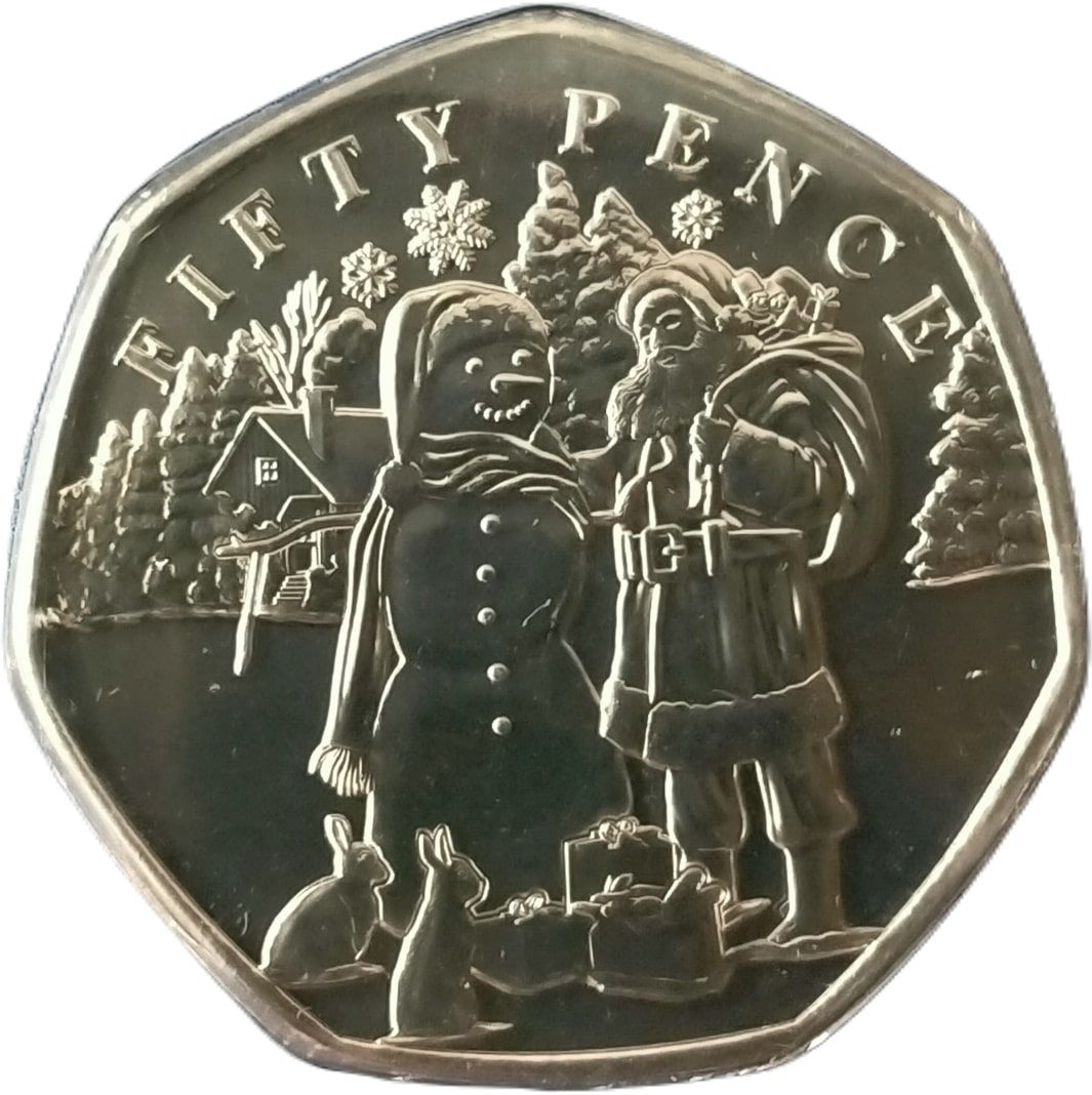 Guernsey 50 Pence - Charles III Christmas Snowmen - Father Christmas reverse