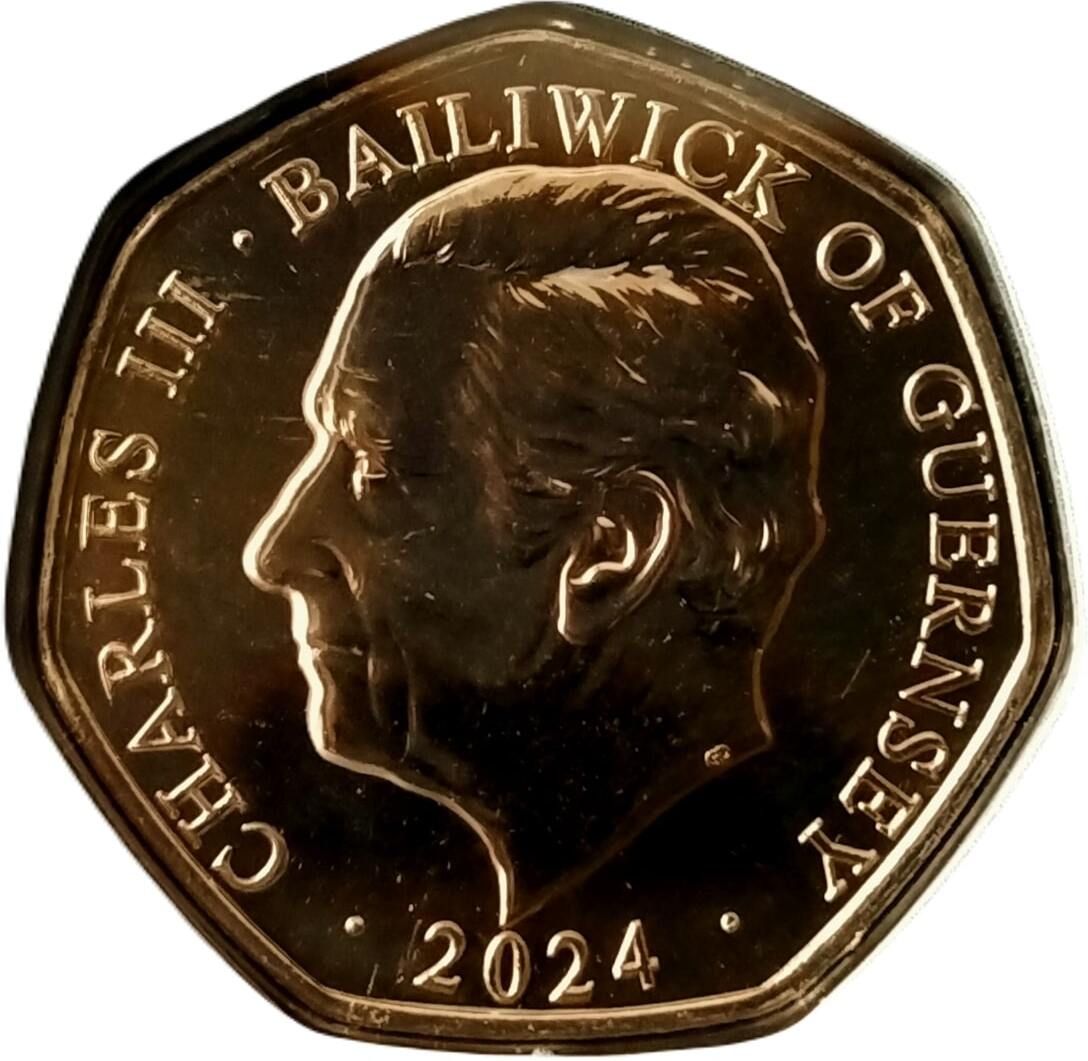 Guernsey 50 Pence - Charles III Christmas Snowmen - Bambi obverse