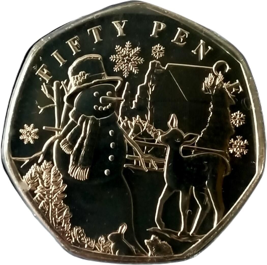 Guernsey 50 Pence - Charles III Christmas Snowmen - Bambi reverse