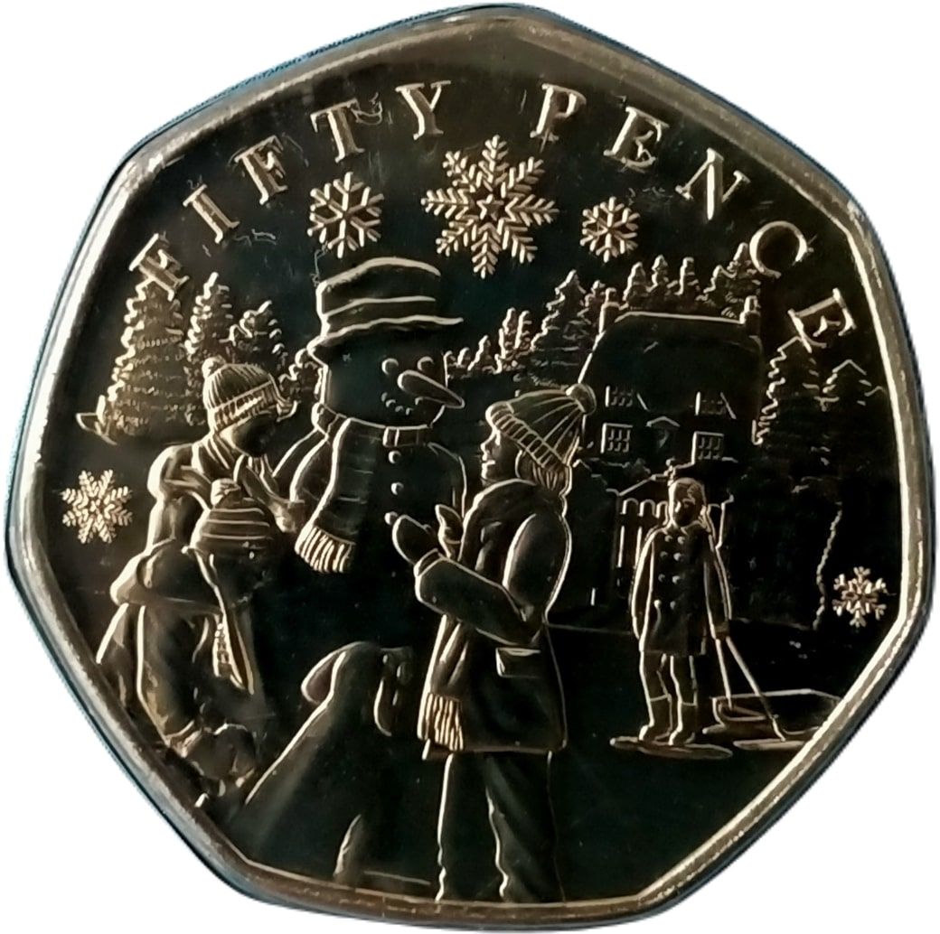 Guernsey 50 Pence - Charles III Christmas Snowmen - Children reverse