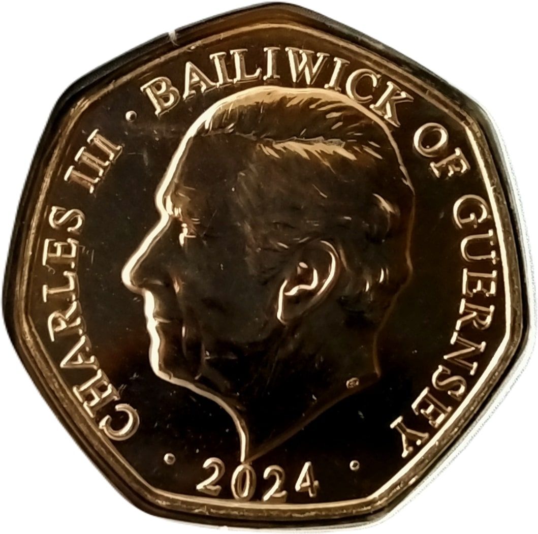 Guernsey 50 Pence - Charles III Christmas Snowmen - Robins obverse