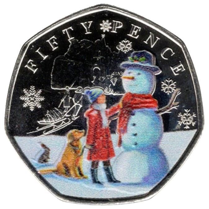 Guernsey 50 Pence - Charles III Christmas Snowmen - Girl and Dog; Colour reverse