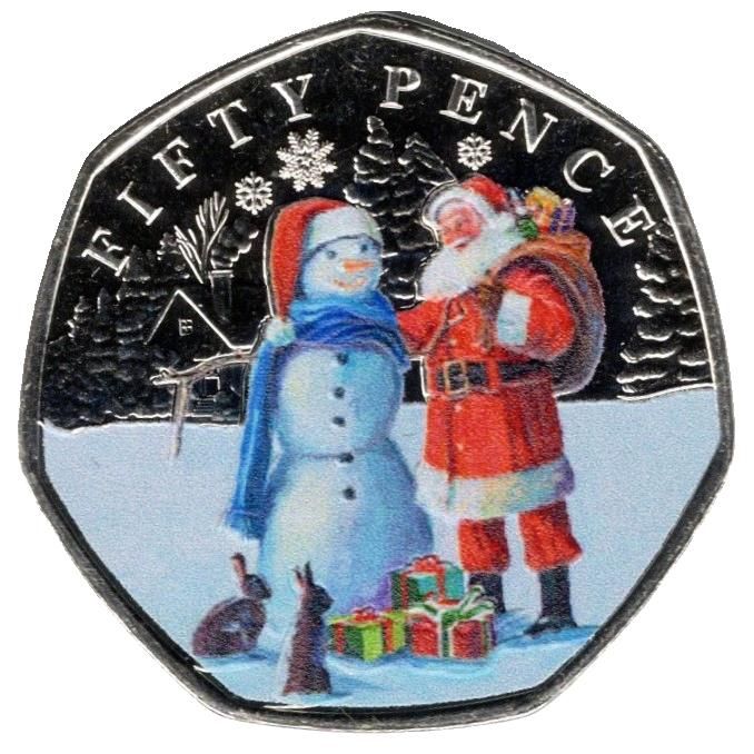 Guernsey 50 Pence - Charles III Christmas Snowmen - Father Christmas; Colour reverse