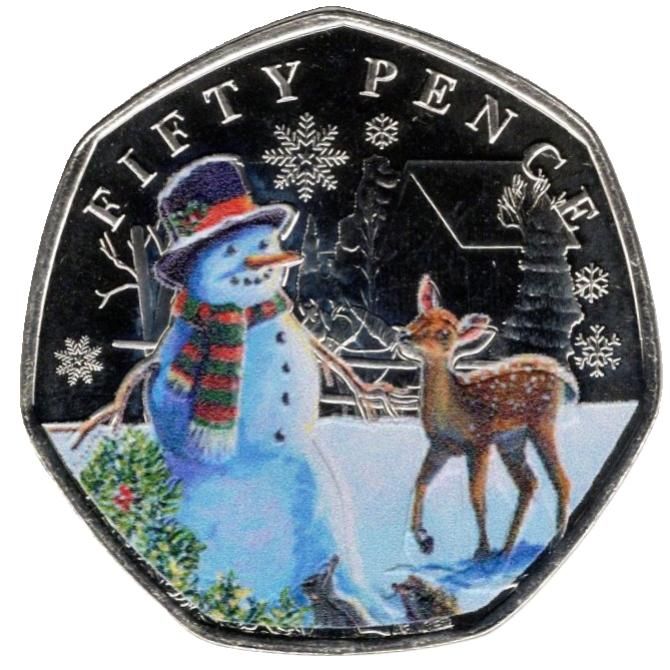 Guernsey 50 Pence - Charles III Christmas Snowmen - Bambi; Colour reverse