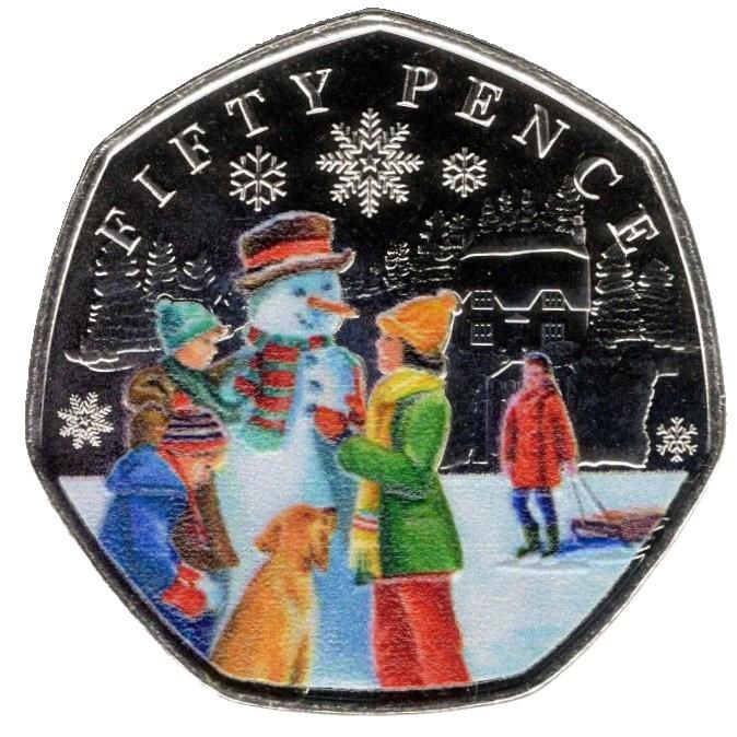Guernsey 50 Pence - Charles III Christmas Snowmen - Children; Colour reverse